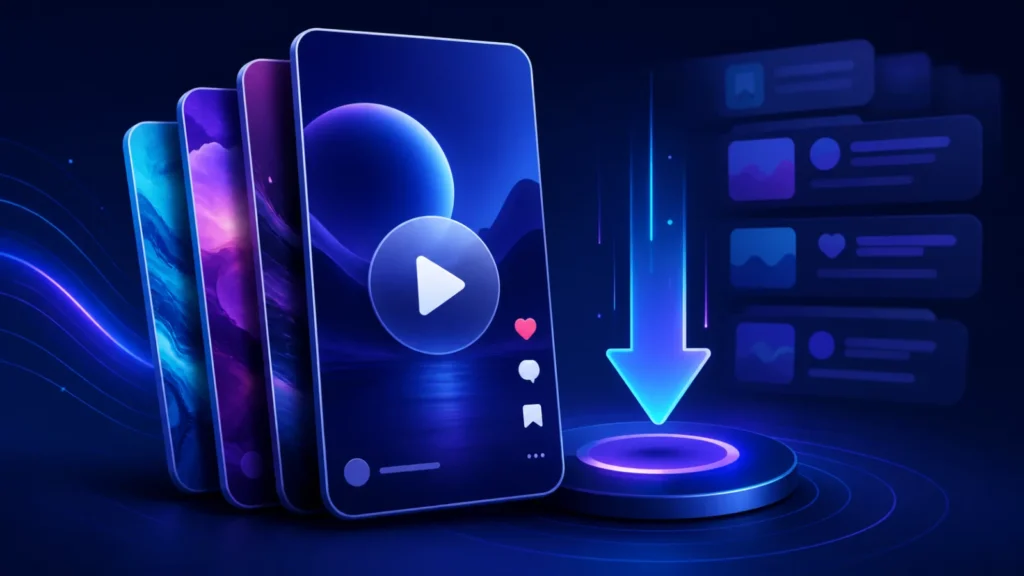 Facebook Reels video cards with a download arrow