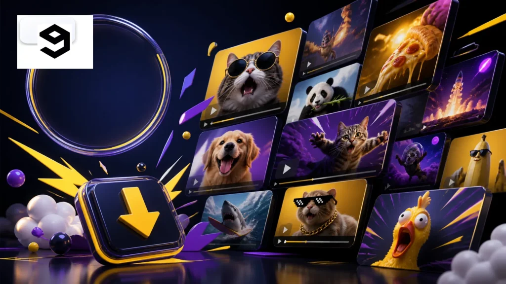 9GAG video downloader with the 9GAG logo and playful viral media cards
