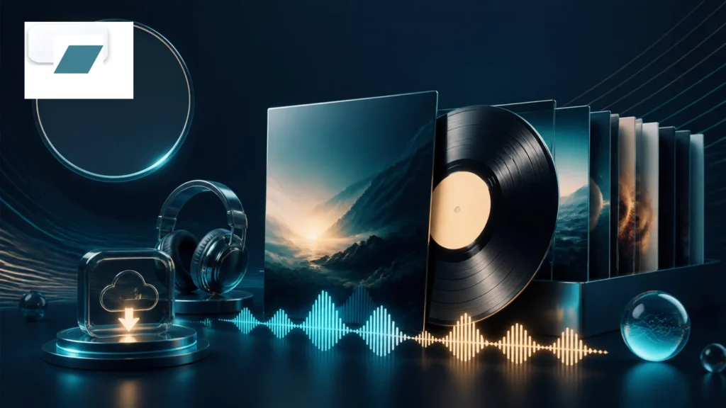 Bandcamp audio downloader with the Bandcamp logo and independent music artwork