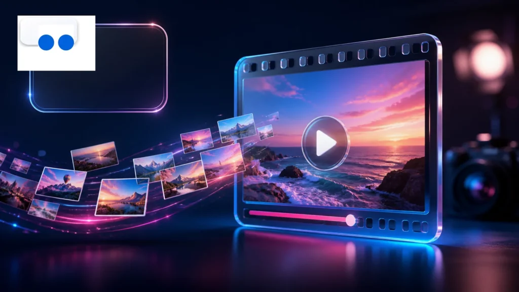 Flickr video downloader with the Flickr logo and a photography gallery