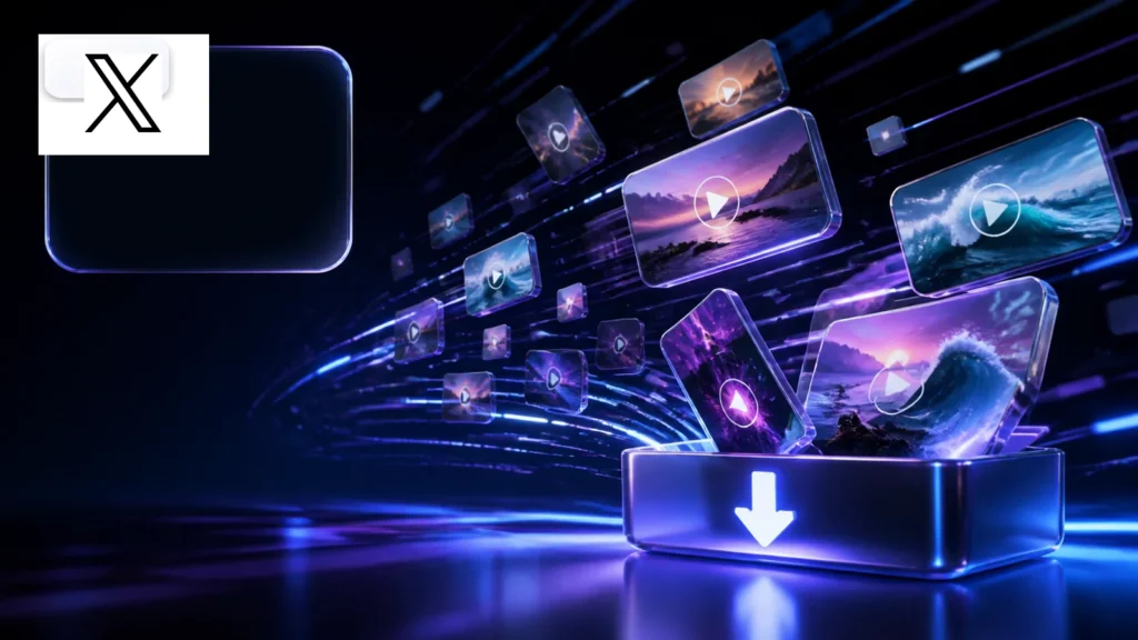 X video downloader with the X logo and fast-moving video post cards