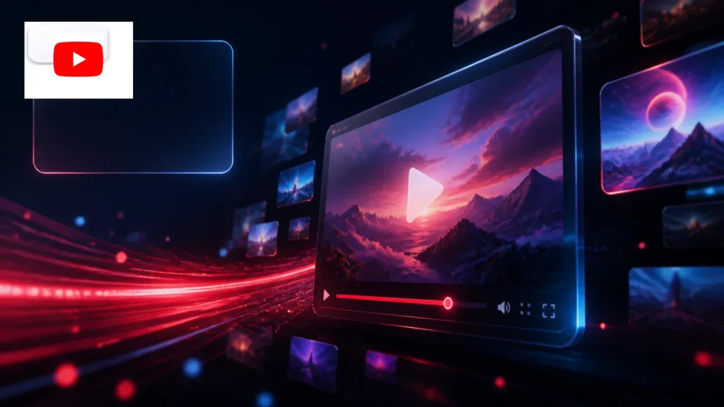 YouTube video downloader with the YouTube logo and cinematic video frames