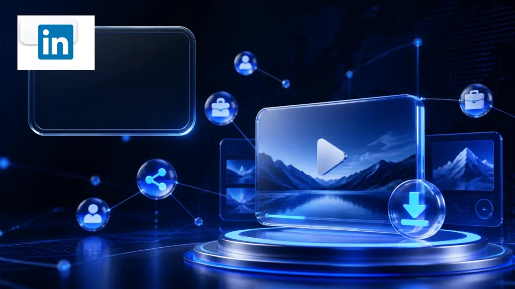 LinkedIn video downloader with the LinkedIn logo and professional video posts