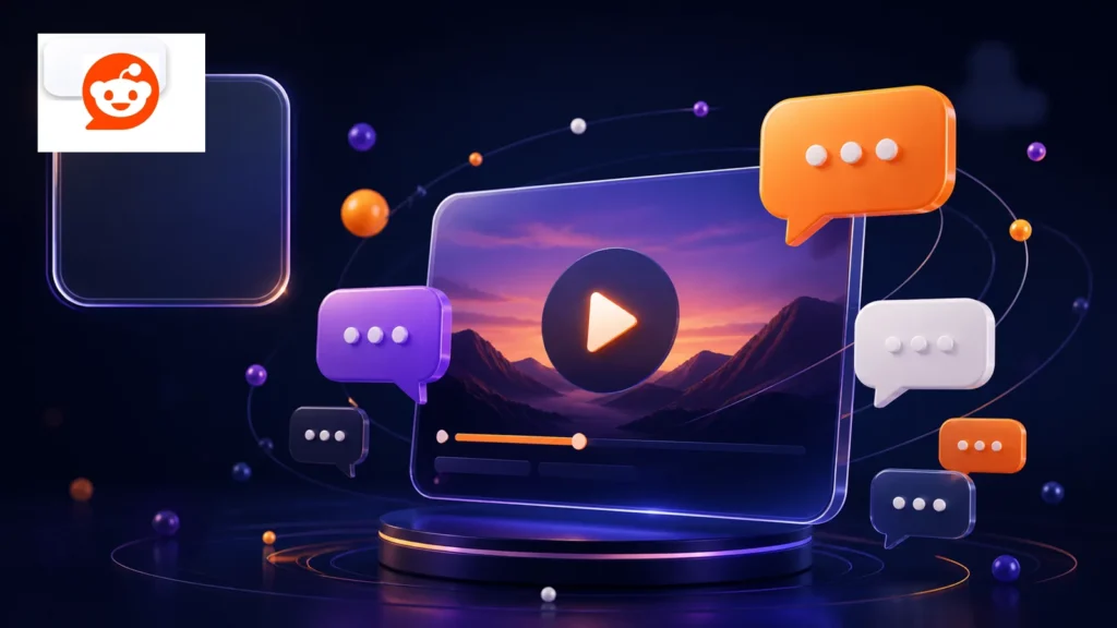 Reddit video downloader with the Reddit logo and community media cards