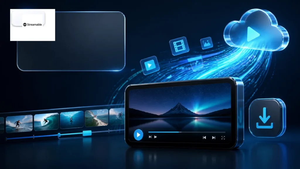 Streamable video downloader with the Streamable logo and a shareable clip player
