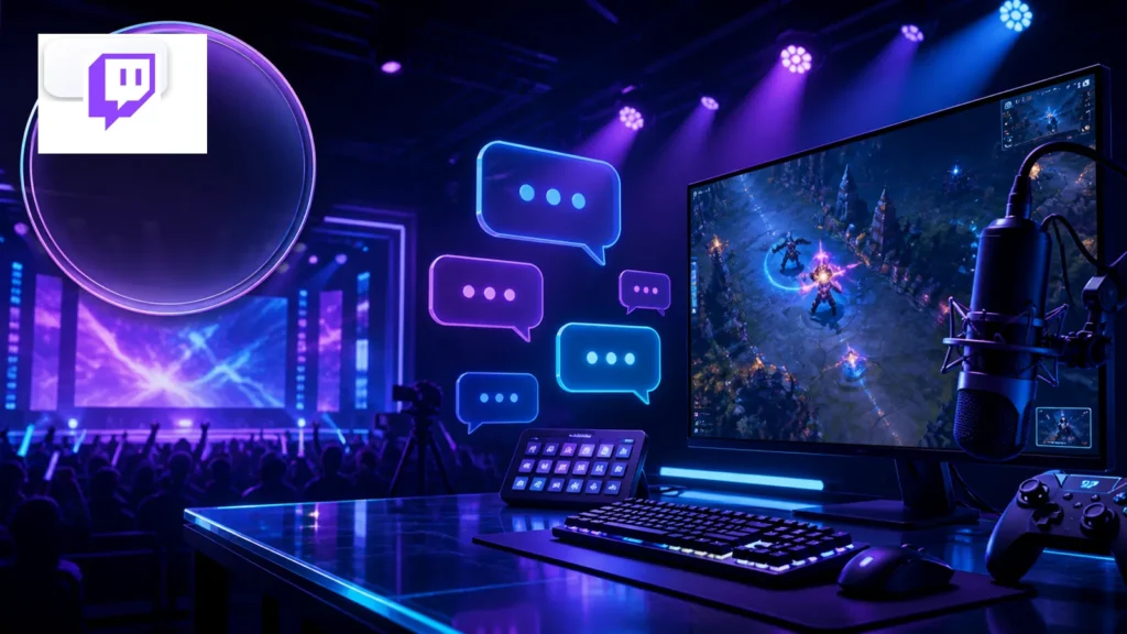 Twitch video downloader with the Twitch logo and a live-stream stage