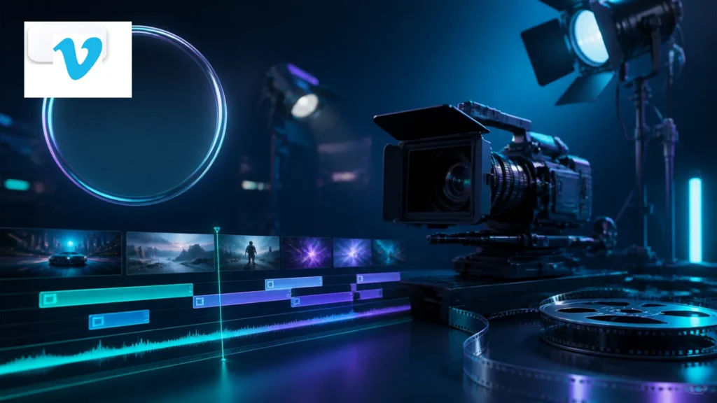 Vimeo video downloader with the Vimeo logo and a cinematic filmmaker scene