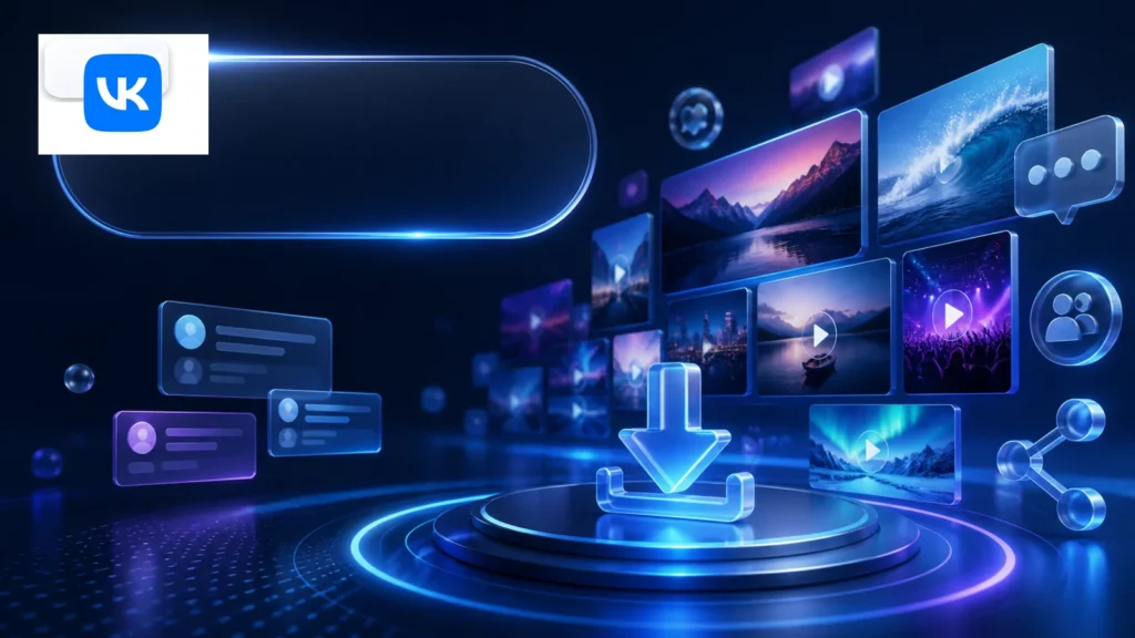 VK video downloader with the VK logo and a blue social video gallery